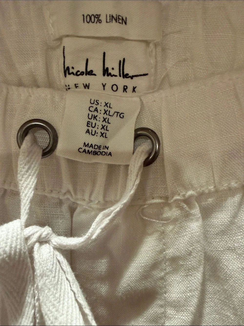 Women White Cargo 100% Linen Jogger Pants with Drawstring